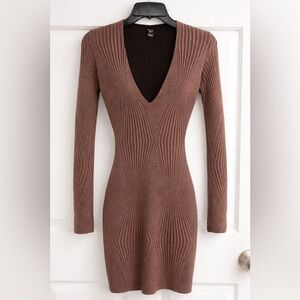 Windsor Long Sleeve Ribbed V-Neck Mini Dress in Brown